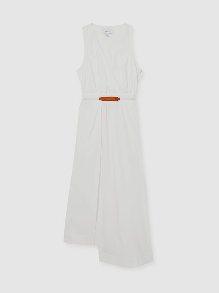 Reiss Ivory Brianne Poplin Belted Split Midi Dress - Image 2 of 5