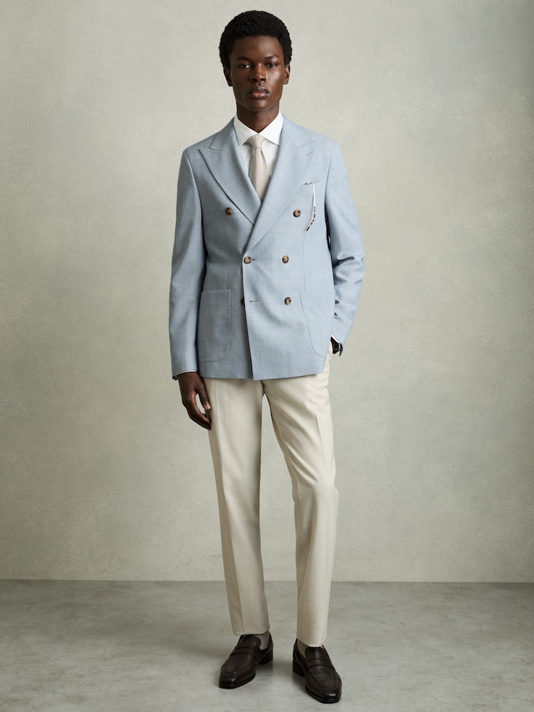 Reiss Soft Blue Belmont Db Double-Breasted Textured Suit Blazer With Wool Slim-Fit - Image 1 of 10