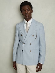 Reiss Soft Blue Belmont Db Double-Breasted Textured Suit Blazer With Wool Slim-Fit - Image 3 of 10