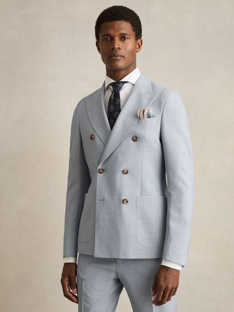 Reiss Soft Blue Belmont Db Double-Breasted Textured Suit Blazer With Wool Slim-Fit - Image 4 of 10