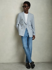Reiss Soft Blue Belmont Db Double-Breasted Textured Suit Blazer With Wool Slim-Fit - Image 7 of 10