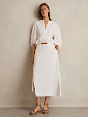 Reiss Ivory Niara Poplin Belted Split Midi Skirt - Image 1 of 5