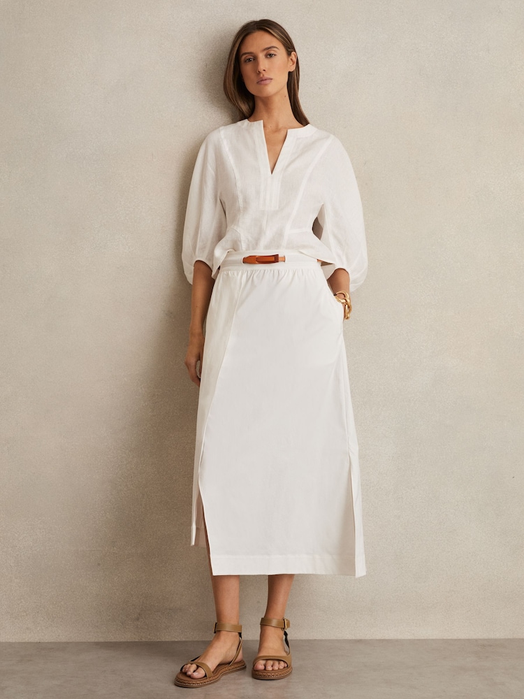 Reiss Ivory Niara Poplin Belted Split Midi Skirt - Image 1 of 5