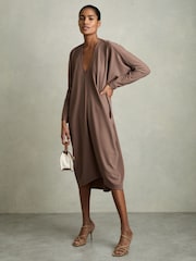 Reiss Mink Gracie Draped Jersey Midi Dress - Image 1 of 5