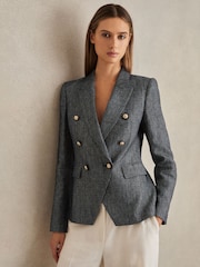 Reiss Navy Baker Linen-Cotton Double-Breasted Blazer - Image 1 of 6