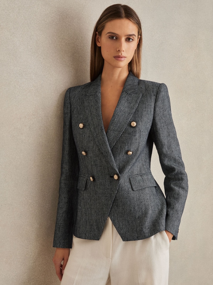 Reiss Navy Baker Linen-Cotton Double-Breasted Blazer - Image 1 of 6