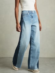 Reiss Light Blue Briar Wide-Leg Contrast-Panel Jeans - Image 3 of 7