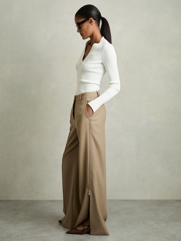 Reiss Sage Green Elyn Petite Wide-Leg Side-Zip Trousers - Image 1 of 8