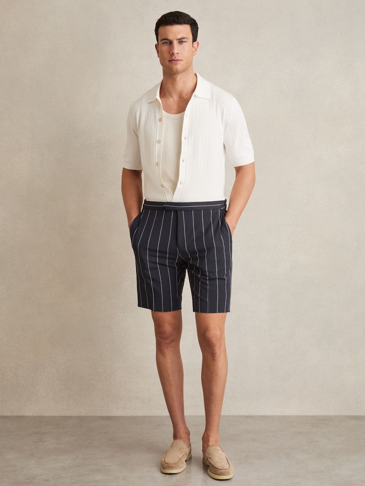 Reiss Navy Vine Striped Side-Adjuster Shorts - Image 1 of 6