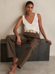 Reiss Mink Neutral Beau Petite Linen Belted Tapered Trousers - Image 1 of 8
