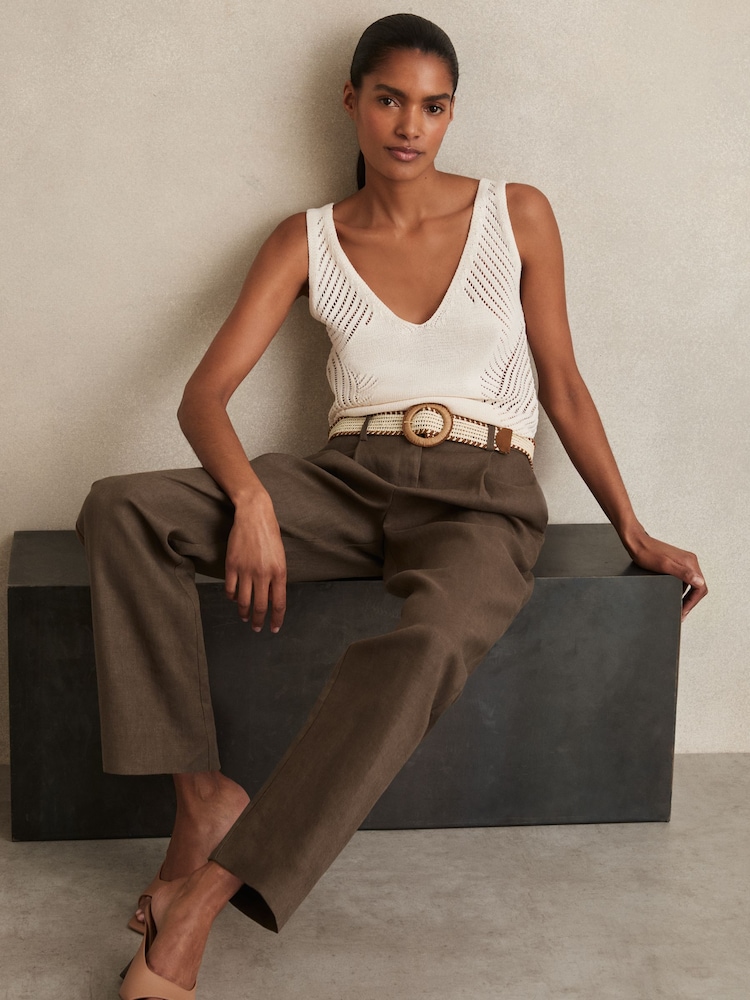 Reiss Mink Neutral Beau Petite Linen Belted Tapered Trousers - Image 1 of 8