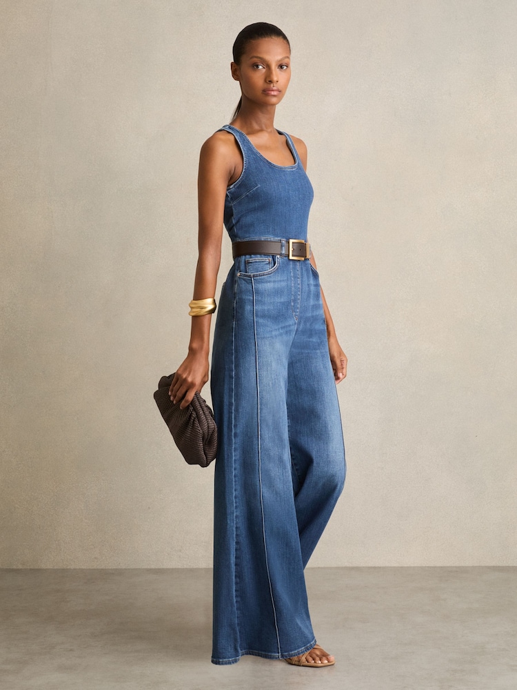 Reiss Indigo Rose Wide-Leg Racer-Back Denim Jumpsuit - Image 1 of 6