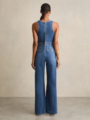 Reiss Indigo Rose Wide-Leg Racer-Back Denim Jumpsuit - Image 5 of 6