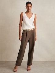 Reiss Mink Neutral Beau Linen Belted Tapered Trousers - Image 1 of 6