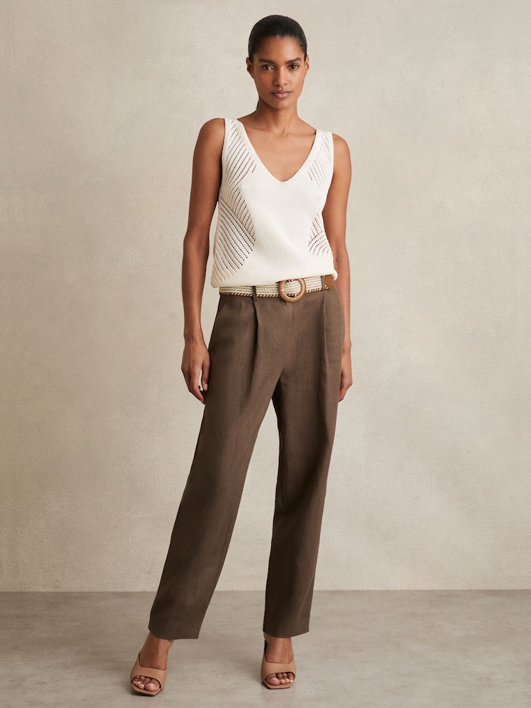 Reiss Mink Neutral Beau Linen Belted Tapered Trousers - Image 1 of 6