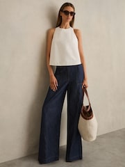 Reiss Indigo Ashby Linen-Cotton Wide-Leg Trousers - Image 1 of 6