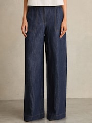 Reiss Indigo Ashby Linen-Cotton Wide-Leg Trousers - Image 3 of 6