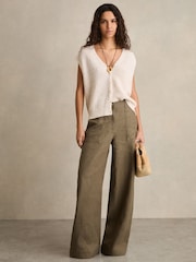 Reiss Khaki Ashby Linen-Cotton Wide-Leg Trousers - Image 1 of 6