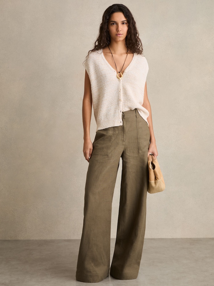 Reiss Khaki Ashby Linen-Cotton Wide-Leg Trousers - Image 1 of 6