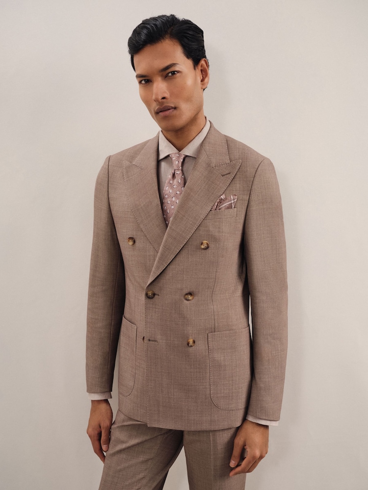 Reiss Brown Belmont Db Double-Breasted Textured Suit Blazer With Wool Slim-Fit - Image 3 of 10