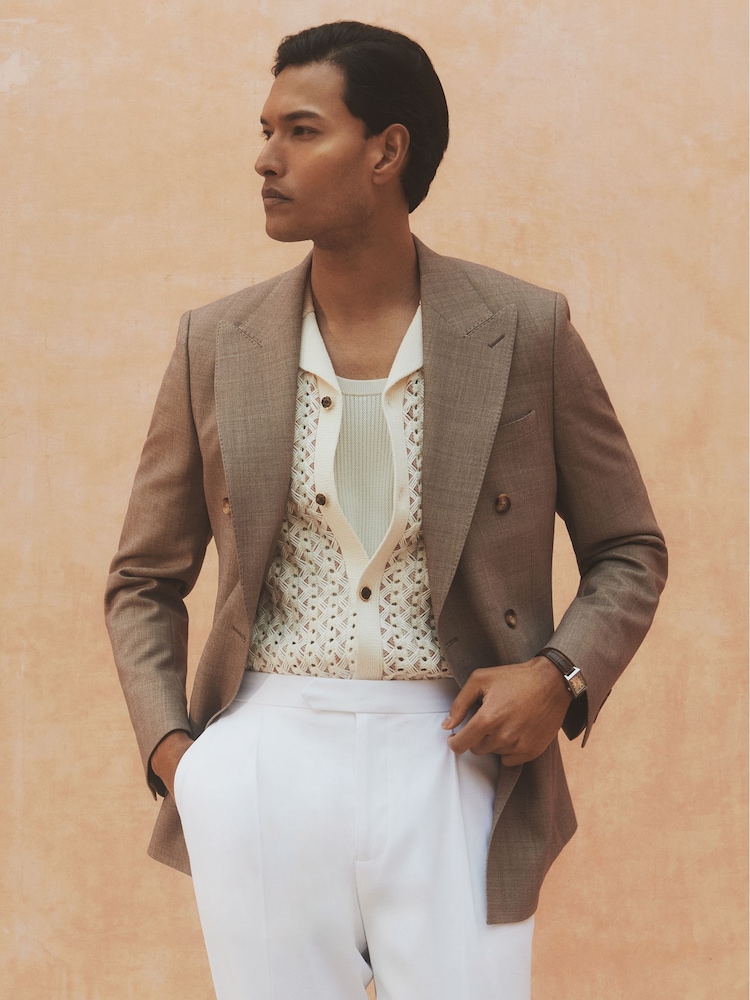 Reiss Brown Belmont Db Double-Breasted Textured Suit Blazer With Wool Slim-Fit - Image 5 of 10