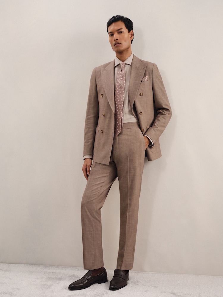 Reiss Brown Belmont Db Double-Breasted Textured Suit Blazer With Wool Slim-Fit - Image 6 of 10