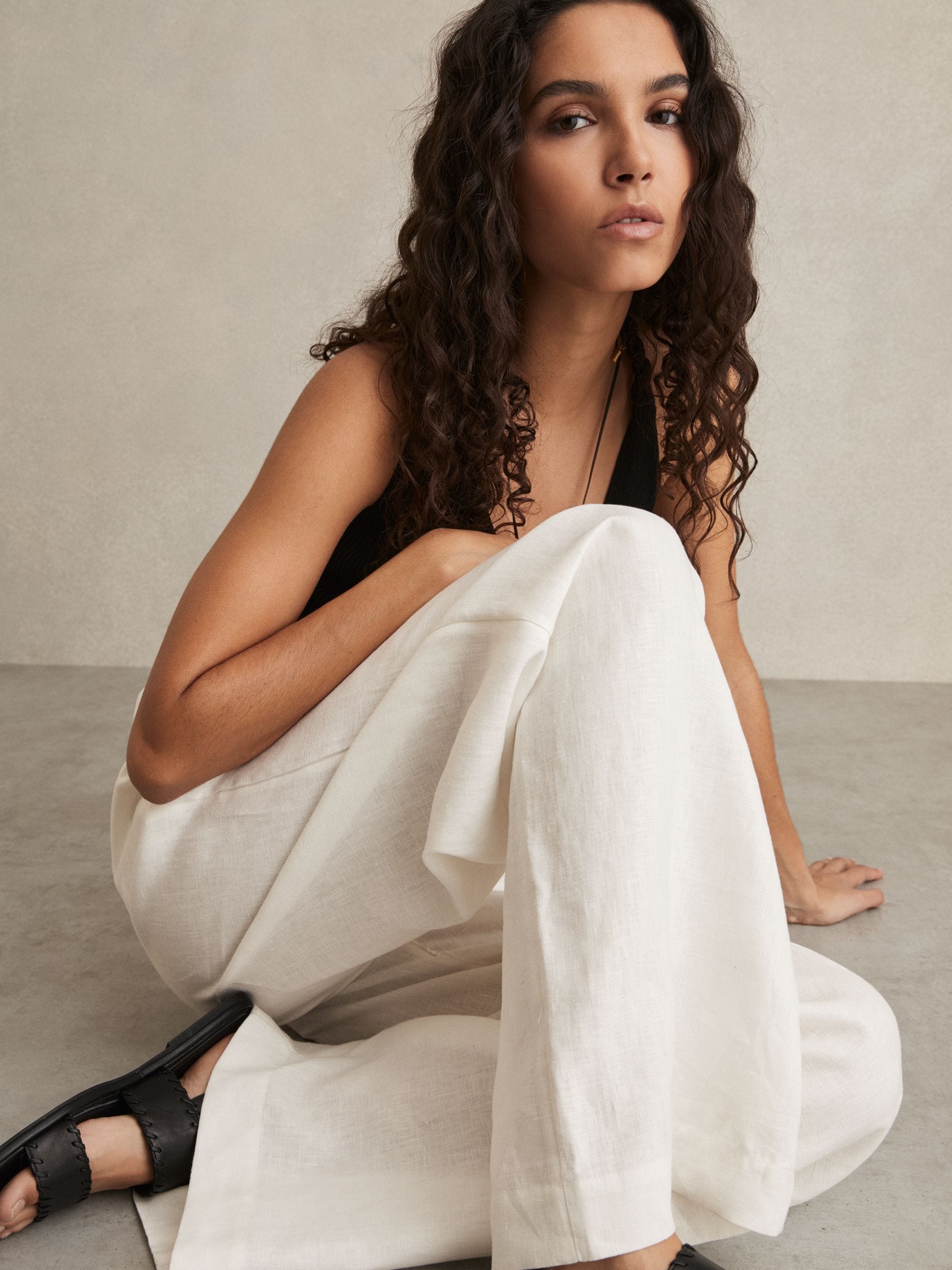 Reiss White Petite Linen Belted Wide-leg Trousers