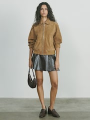 Reiss Tan Gia Suede Zip Through Bomber Jacket - Image 1 of 8