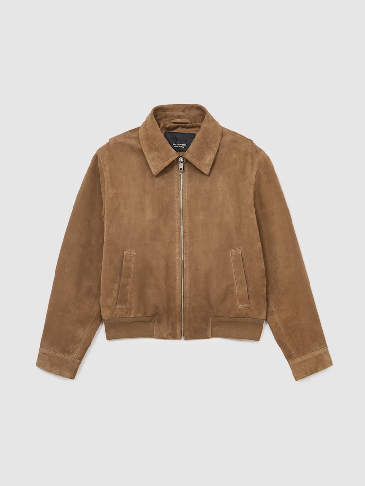 Reiss Tan Gia Suede Zip Through Bomber Jacket - Image 2 of 8