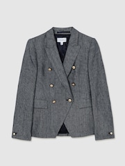 Reiss Navy Baker Petite Linen-Cotton Double-Breasted Blazer - Image 2 of 7