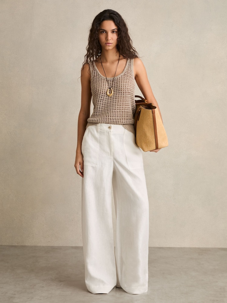 Reiss White Ashby Linen-Cotton Wide-Leg Trousers - Image 1 of 6