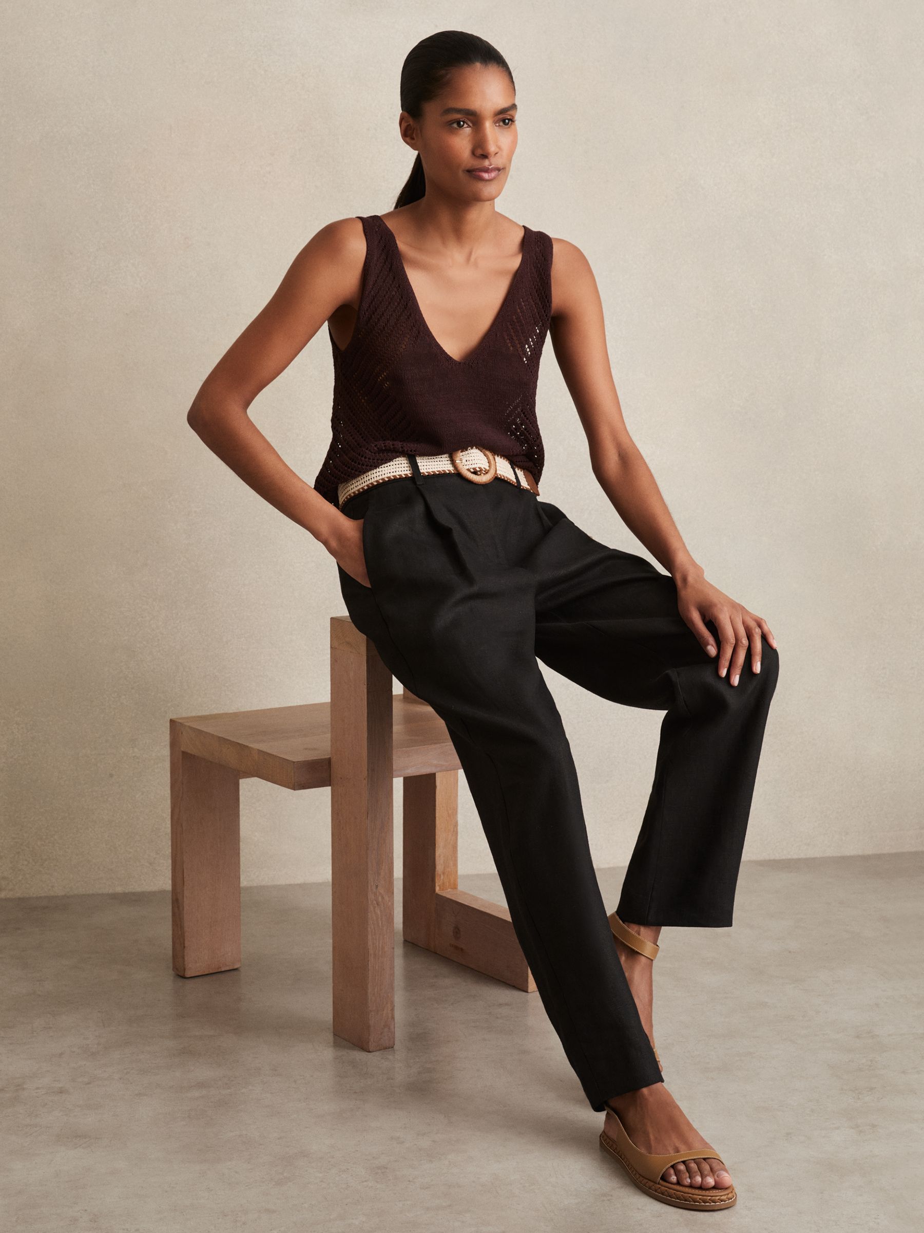 Reiss Black Petite Linen Belted Tapered Trousers In Black