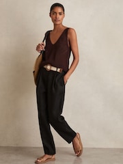 Reiss Black Beau Linen Belted Tapered Trousers - Image 1 of 6