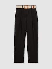Reiss Black Beau Linen Belted Tapered Trousers - Image 2 of 6
