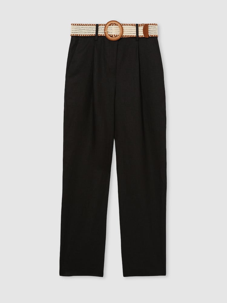 Reiss Black Beau Linen Belted Tapered Trousers - Image 2 of 6