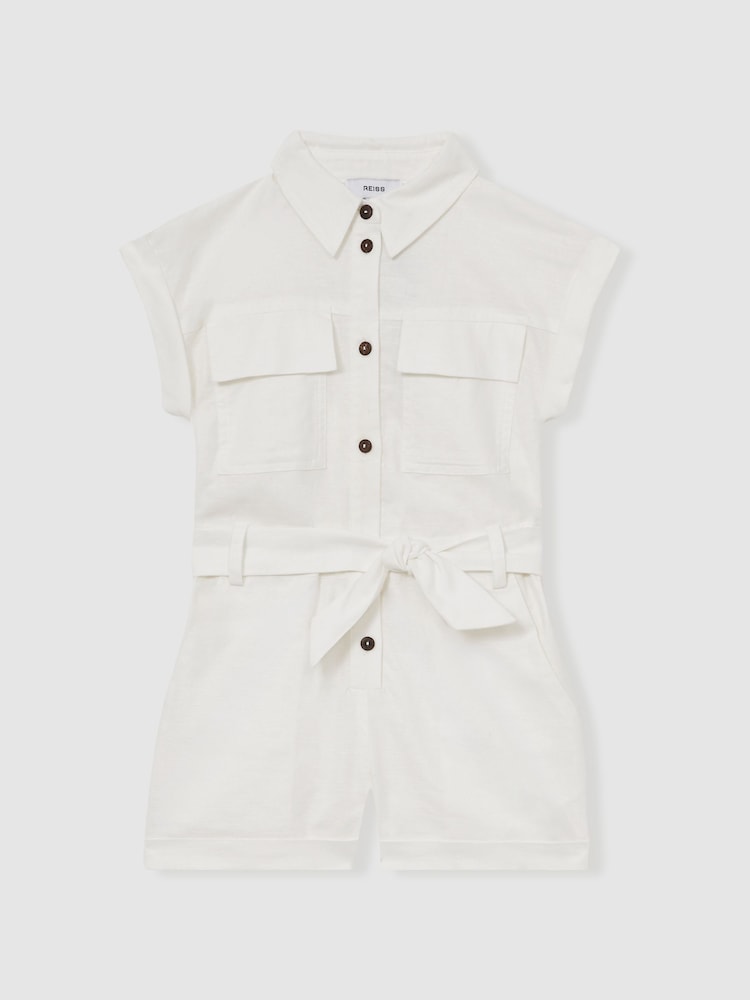Reiss Ivory Zoe 13-14 yrs Cotton-Linen Belted Playsuit - Image 1 of 4