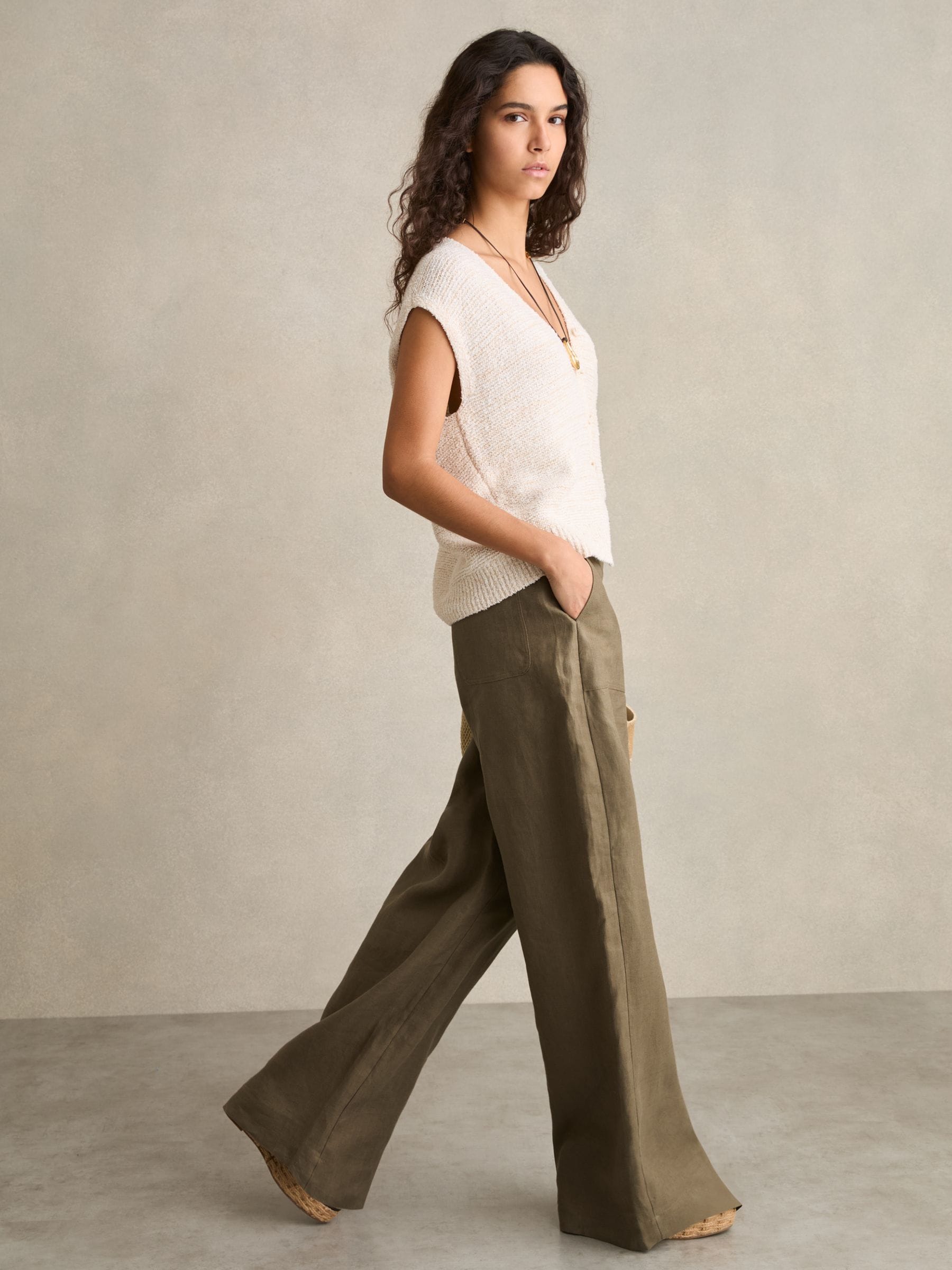 Reiss Khaki Petite Linen Wide Leg Trousers In Brown