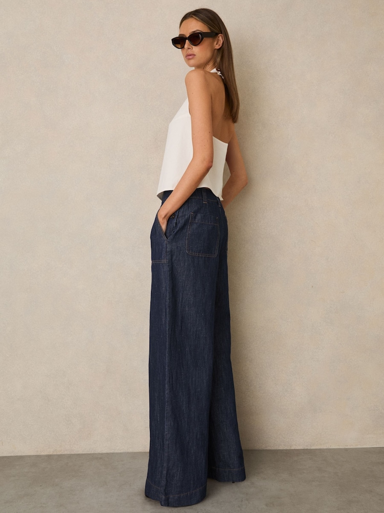 Reiss Indigo Ashby Petite Linen-Cotton Wide-Leg Trousers - Image 1 of 7