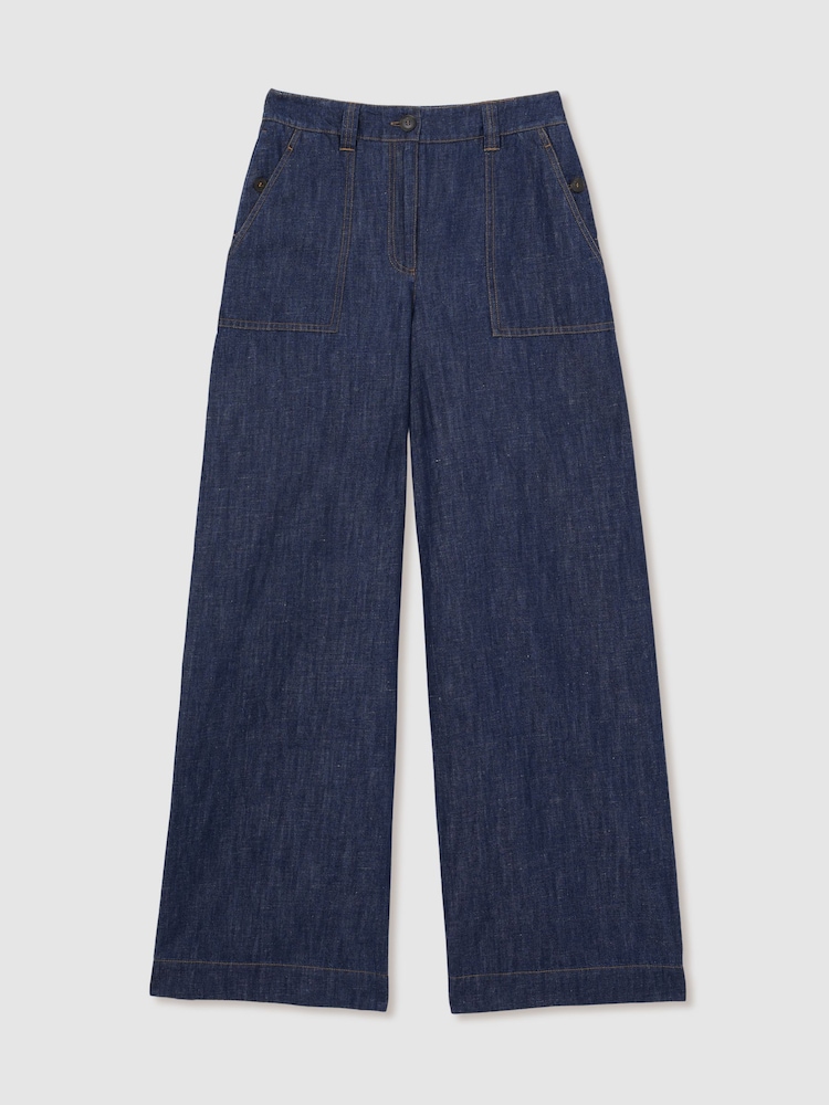 Reiss Indigo Ashby Petite Linen-Cotton Wide-Leg Trousers - Image 2 of 7