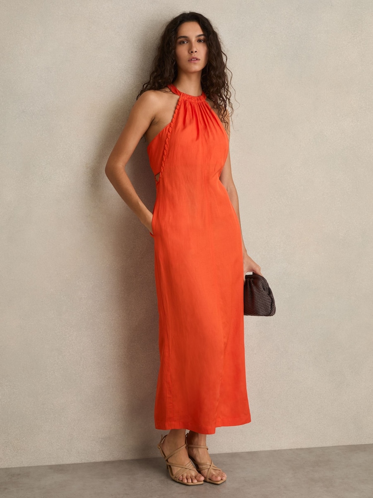 Reiss Red Erika Whipstitch Halterneck Midi Dress - Image 1 of 6