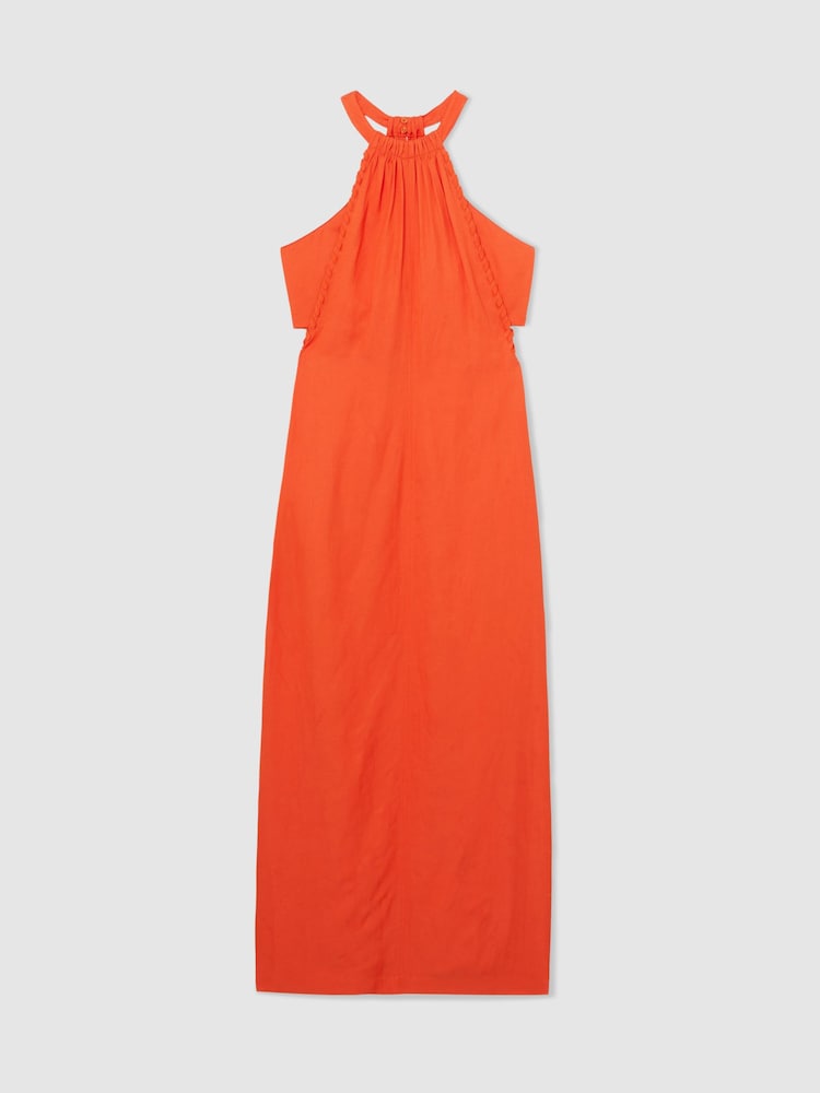 Reiss Red Erika Whipstitch Halterneck Midi Dress - Image 2 of 6
