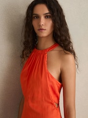 Reiss Red Erika Whipstitch Halterneck Midi Dress - Image 5 of 6