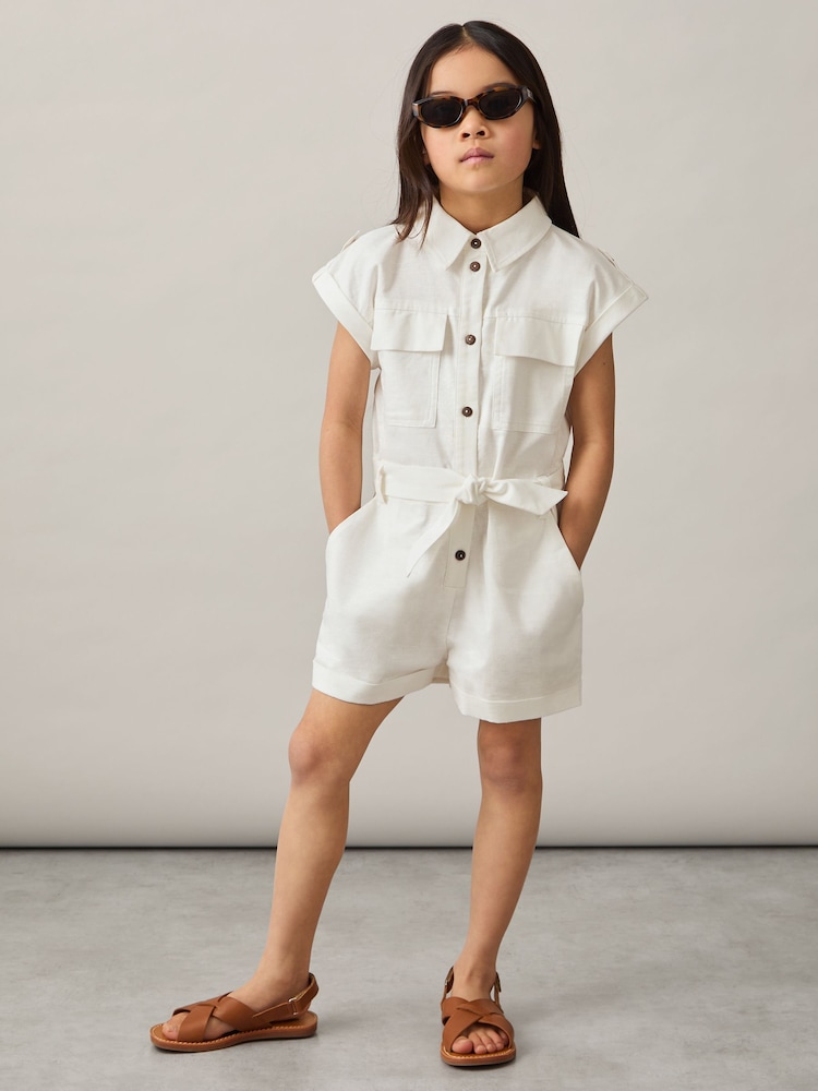 Reiss Ivory Zoe 9-13 yrs Cotton-Linen Belted Playsuit - Image 1 of 4