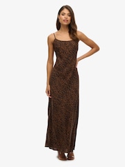 Superdry Leopard Print/Black Sleeveless Maxi Slip Jersey Dress - Image 1 of 7