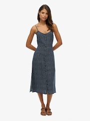 Superdry Navy Polka Dot Print Button Cami Midi Dress - Image 1 of 6