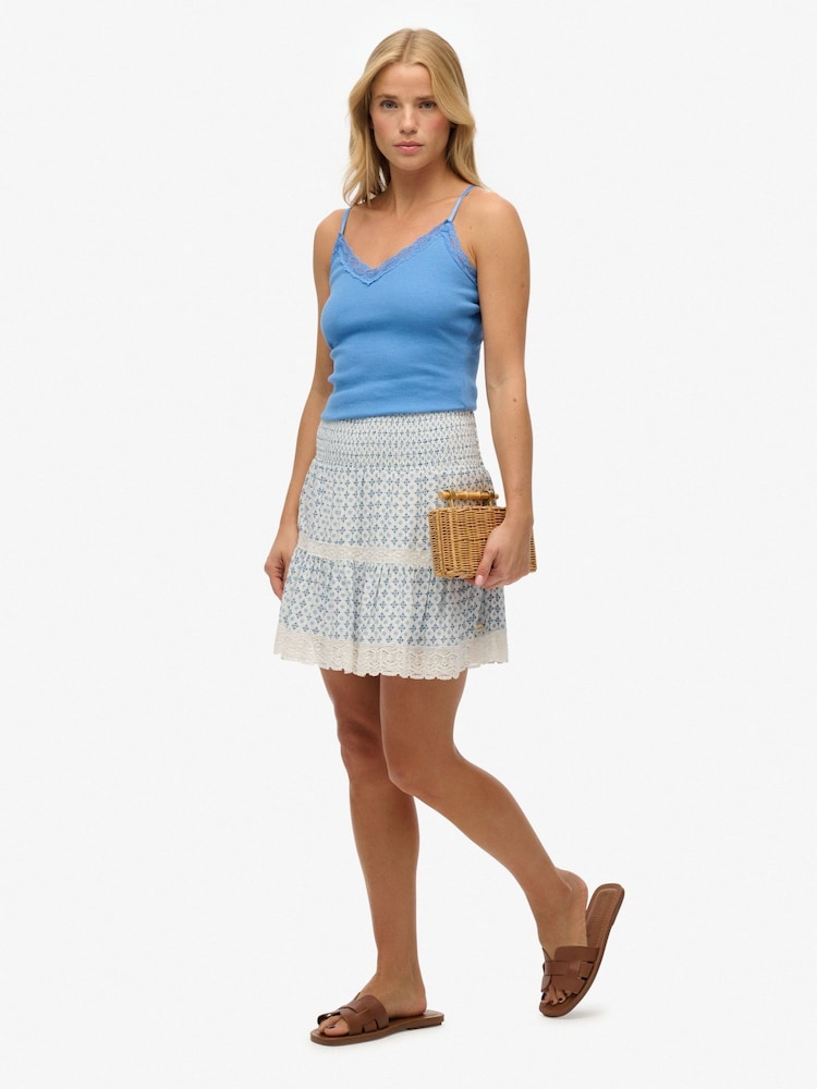 Superdry Blue Mini Printed Lace Trim Tiered Skirt - Image 2 of 4 Superdry Blue Mini Printed Lace Trim Tiered Skirt - Image 2 of 4