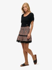 Preto - Superdry mini saia estampada com acabamento em renda e camadas - Imagem 3 de 4