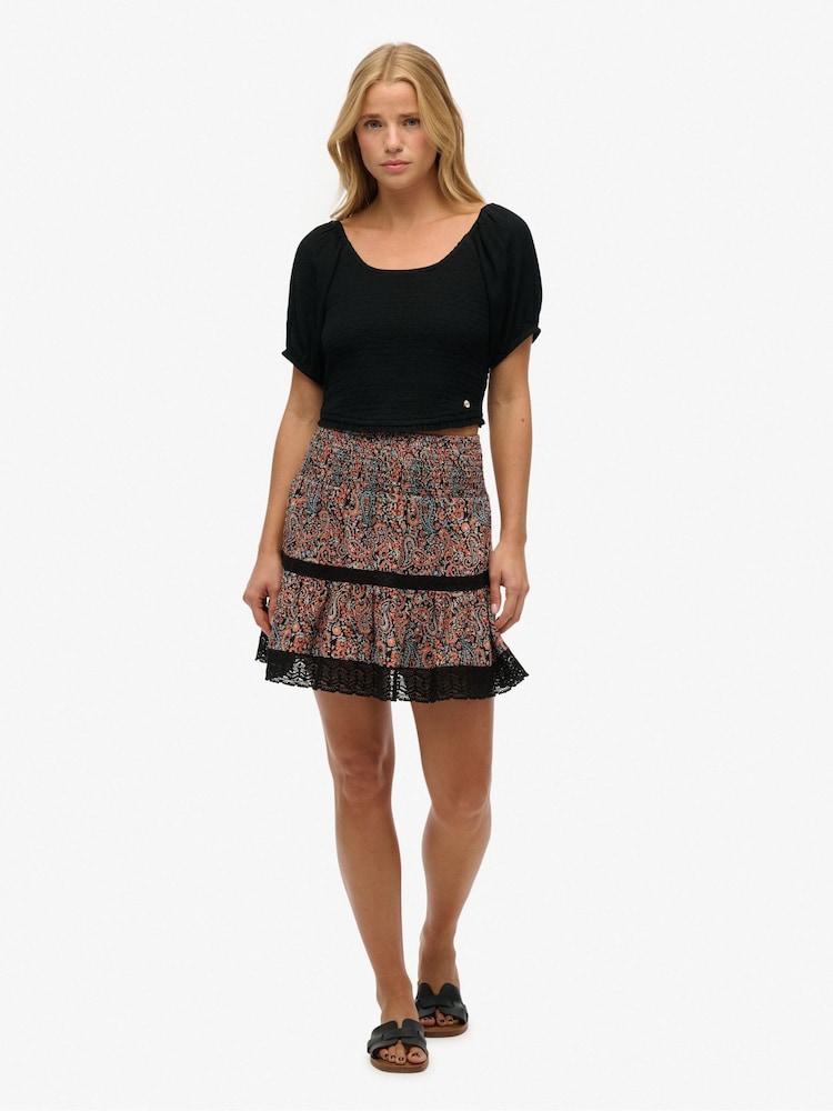 Superdry Black Mini Printed Lace Trim Tiered Skirt - Image 4 of 4 Superdry Black Mini Printed Lace Trim Tiered Skirt - Image 4 of 4