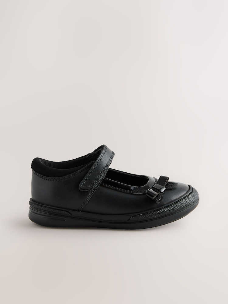 Black Leather Standard Fit (F) Bow Mary Jane School Shoes - Image 2 of 5