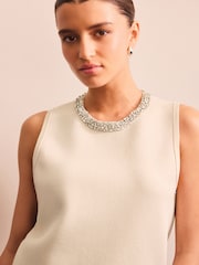Neutral Stone Embellished Crew Neck Knitted Top - Image 5 of 8